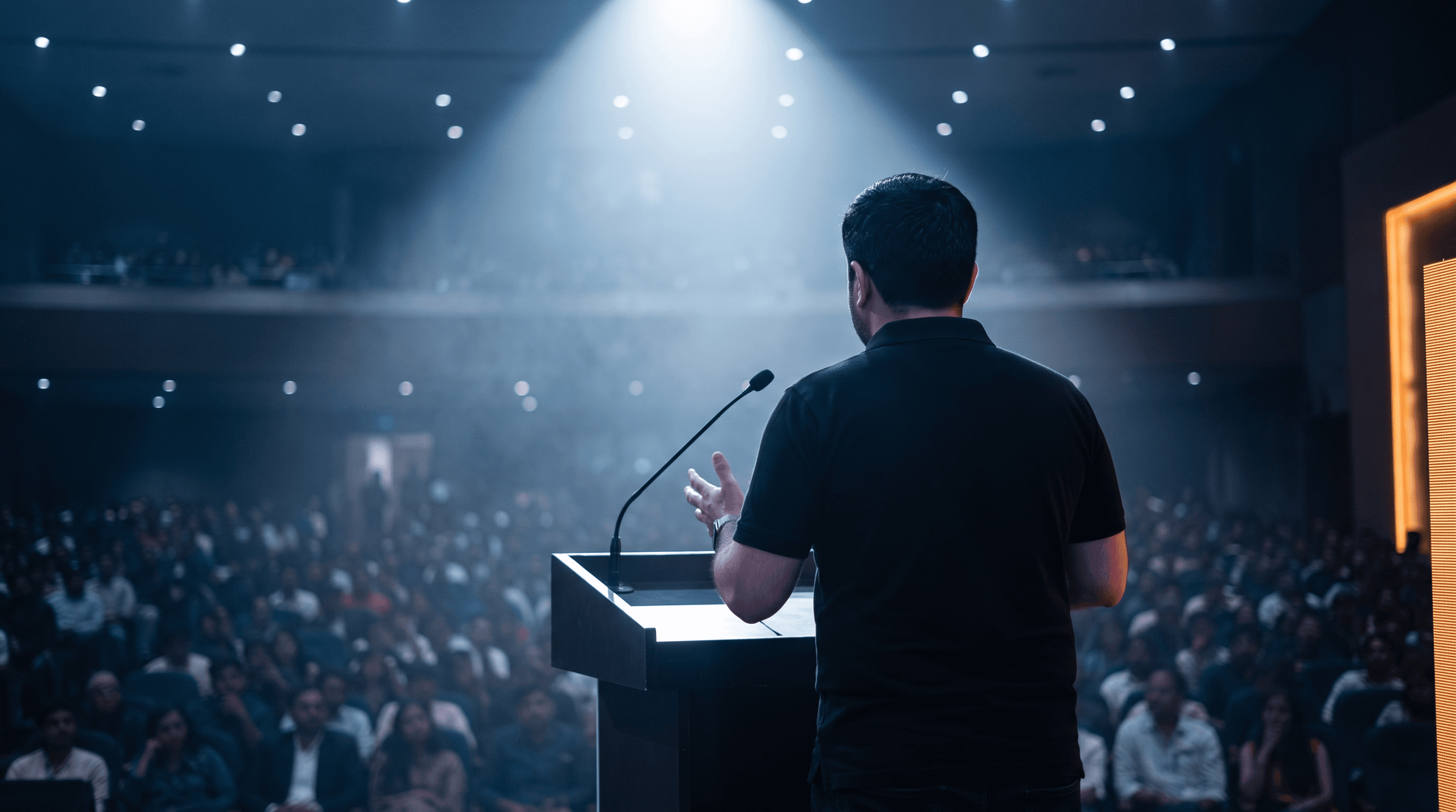 Kunal Vohra speaking to a full auditorium from a lectern