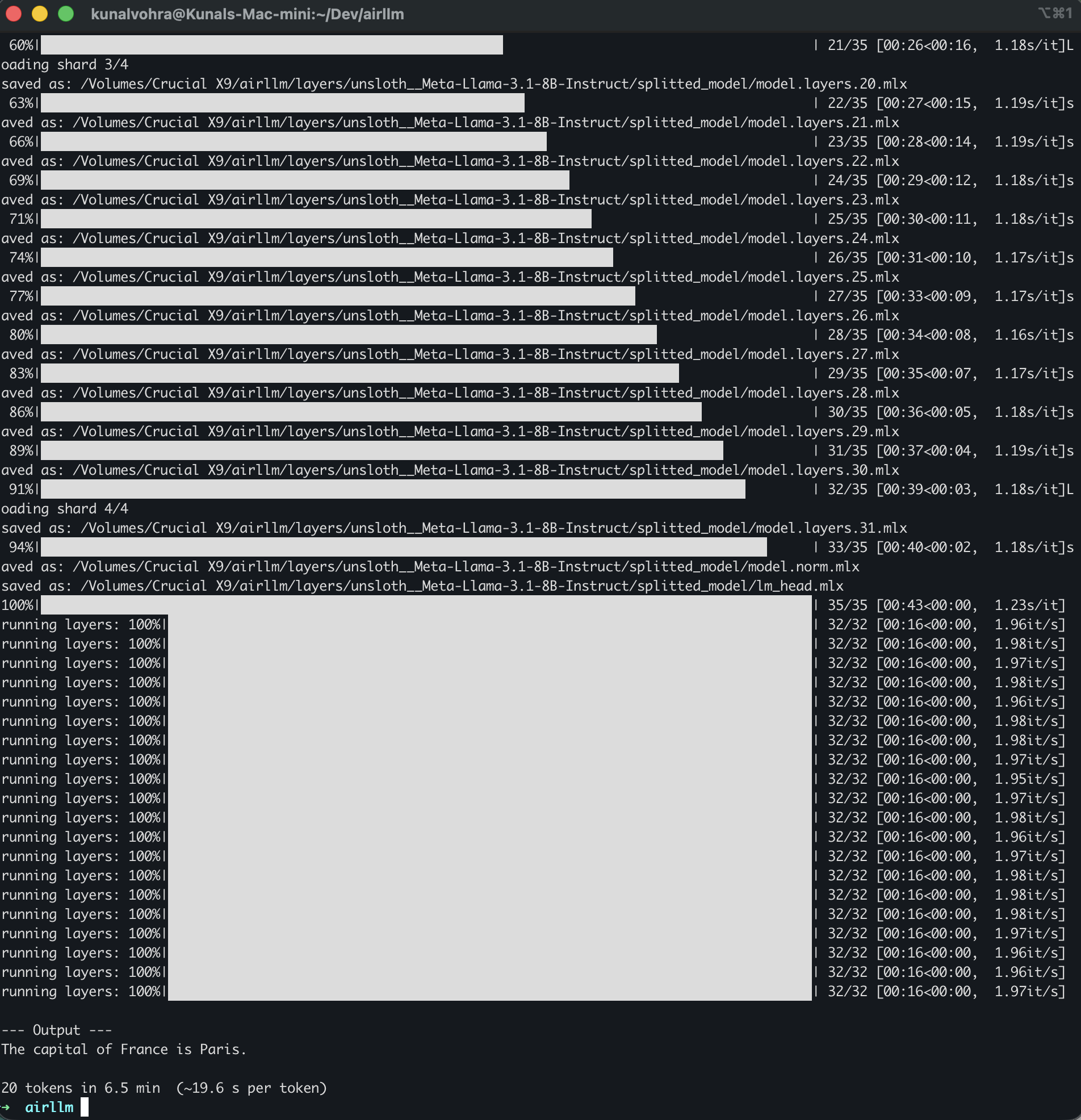 Terminal output of AirLLM running Llama 3.1 8B on an M4 Mac mini: 32 layers per pass at about 2 layers per second, answering "The capital of France is Paris." with 20 tokens in 6.5 minutes, about 19.6 seconds per token